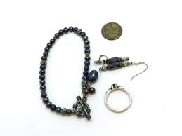 Artisan 925 & Vermeil Accent Garnet Band Ring Hematite Drop Earrings & Dark Pearls Granulated Beaded Toggle Bracelet 19.2g alternative image