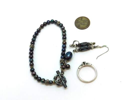 Artisan 925 & Vermeil Accent Garnet Band Ring Hematite Drop Earrings & Dark Pearls Granulated Beaded Toggle Bracelet 19.2g image number 2