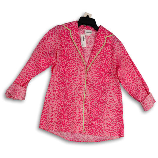 NWT Womens Pink Leopard Print Notch Collar Long Sleeve Button-Up Shirt Sz L image number 1
