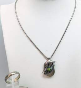 Taxco & Artisan 925 Peridot Cabochon Abstract Brutalist Pendant Snake Chain Necklace & Band Ring 20.6g