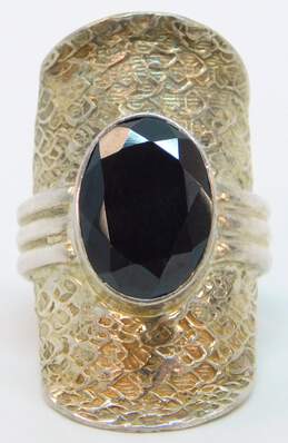 PTI India 925 Onyx Faceted Oval Ridged Band Stamped Textured Long Saddle Ring 12g