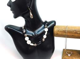 Romantic 925 Black Agate & Coin Pearl Beaded Necklace Mother of Pearl Scrolled Drop Earrings Multi Chain Anklet & Cubic Zirconia Ring 69g