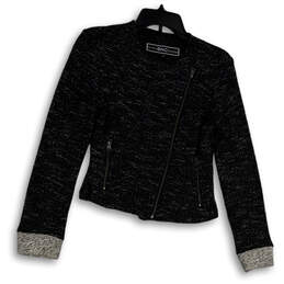 Womens Black Long Sleeve Pockets Asymmetrical Zip Tweed Jacket Size S