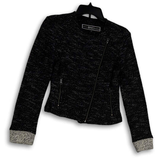Womens Black Long Sleeve Pockets Asymmetrical Zip Tweed Jacket Size S image number 1
