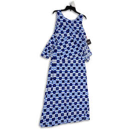 NWT Womens Blue White Abstract Ruffle Sleeveless Back Zip A-Line Dress Sz S