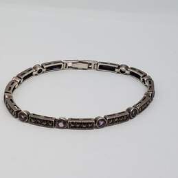 Sterling Silver Marcasite Amethyst Link 7 1/2 Inch Bracelet 13.8g