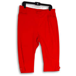 Womens Red Flat Front Elastic Waist Welt Pocket Capri Pants Size 14