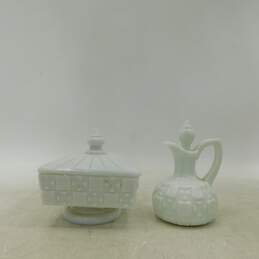 VTG Westmoreland Old Quilt Milk Glass Compote Dish & Cruet w/ Stopper