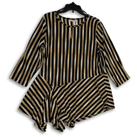 Womens Black Brown Striped Asymmetrical Shark Bite Blouse Top Size XL image number 1