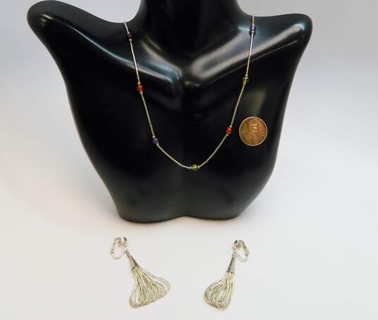 Artisan 925 Southwestern Garnet Peridot Amethyst & Agate Station Beaded Liquid Silver Necklace & Loop Drop Clip On Earrings 10g image number 4