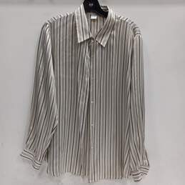 Kasper A.S.L. Blouse Black And Metallic Silvery White Long Sleeve Silk Shirt