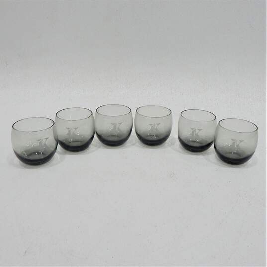 Vintage MCM Smoky Gray Glass Etched K Monogram Rocks Bar Glasses Set of 6 image number 1