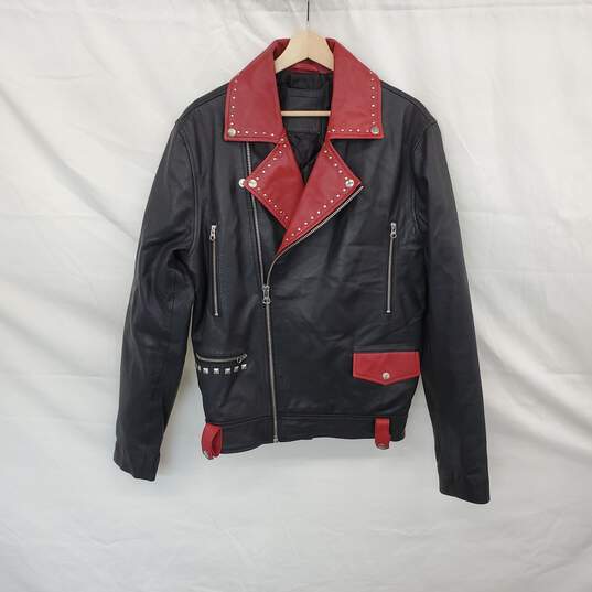 Asos Red & Black Faux Leather Studded Full Zip Moto Jacket WM Size L image number 2