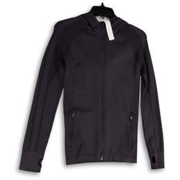 Womens Gray Long Sleeve Hooded Thumb Hole Pockets Full-Zip Jacket Size S