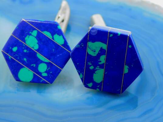 Taxco Mexico 925 Modernist Faux Azurite Inlay Hexagon Geometric Cuff Links 14.3g image number 1