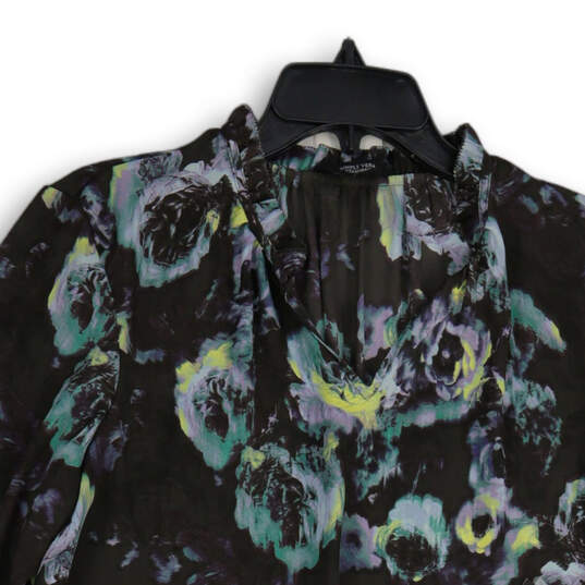NWT Womens Black Blue Floral V Neck Long Sleeve Pullover Blouse Top Size M image number 3