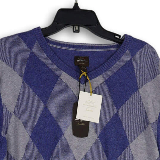 Mens Blue White Argyle Print V-Neck Long Sleeve Pullover Sweater Size L image number 4