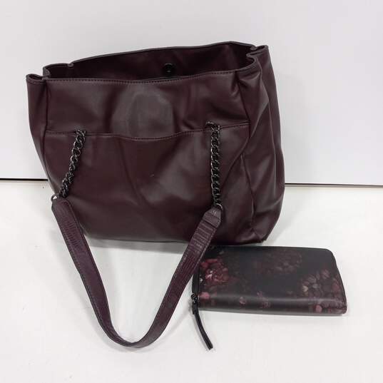 Simply Vera Womens Brown Leather Outer Pocket Top Handle Satchel Bag w/ Wallet image number 3