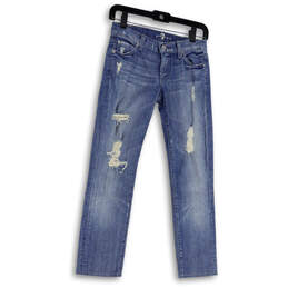 Womens Blue Denim Distressed Medium Wash Pockets Straight Leg Jeans Size 24