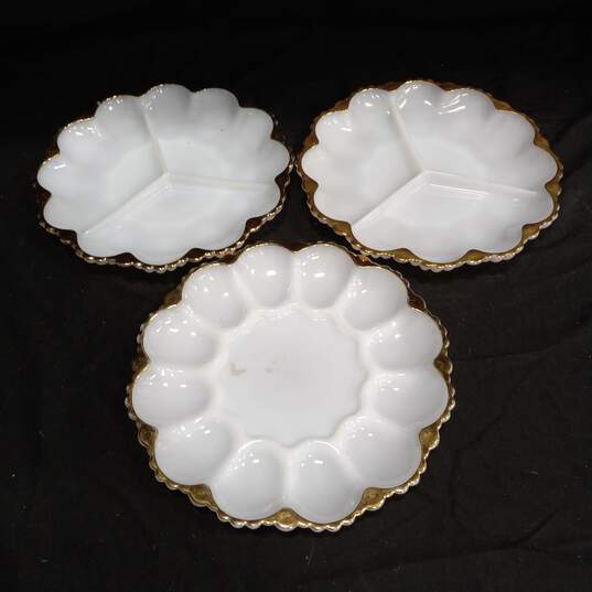 3pc. Set of Milk Glass Serving Plates with Golden Trim image number 2