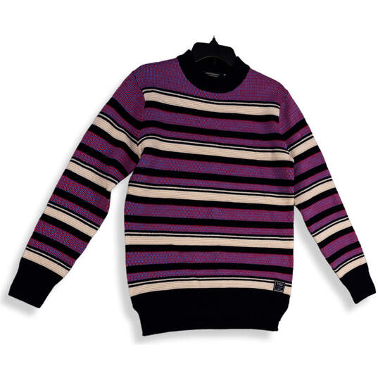 Mens Multicolor Striped Knitted Crew Neck Long Sleeve Pullover Sweater Size S image number 1