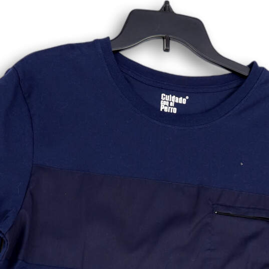 Mens Blue Round Neck Zip Pocket Short Sleeve Pullover T-Shirt Size XL image number 3