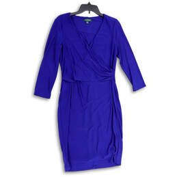 Womens Blue Wrap V-Neck Long Sleeve Ruched Knee Length Sheath Dress Size 10