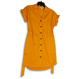 NWT Womens Yellow Short Sleeve Tie Waist Collared Shirt Dress Size XS