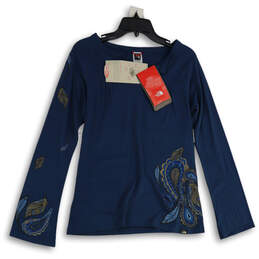 NWT Womens Blue Embroider Split Neck Long Sleeve Blouse Top Size M