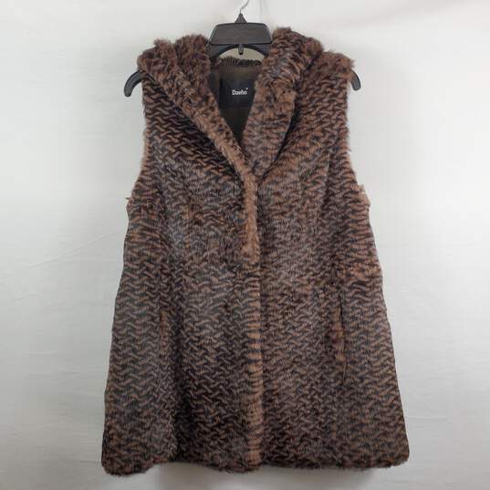 Daeho Women Brown Patterned Fur Hooded Vest Sz 55 image number 1