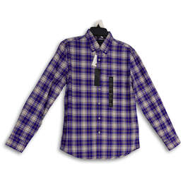 NWT Mens Blue Plaid Collared Long Sleeve Button-Up Shirt Size Small