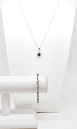 Judith Jack 925 Onyx Teardrop Pendant Necklace & CZ Marcasite Bangle Bracelet