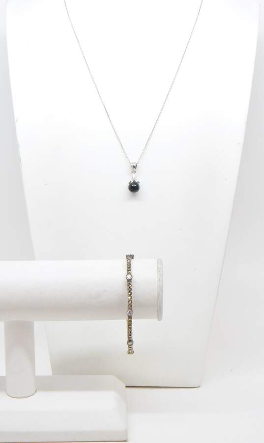 Judith Jack 925 Onyx Teardrop Pendant Necklace & CZ Marcasite Bangle Bracelet image number 1