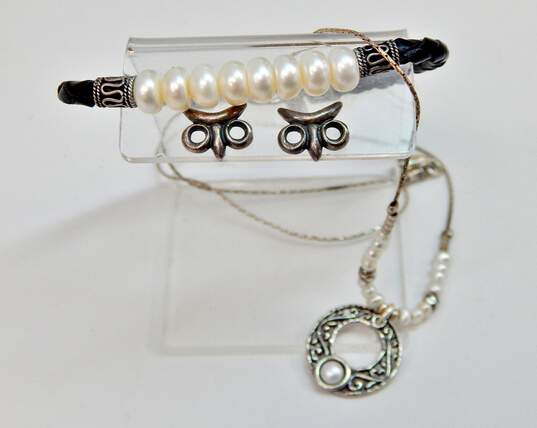 Didae 925 Pearl Scrolls Pendant Necklace Post Earrings Pearls Bead Cord Bracelet image number 1