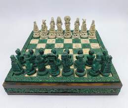Vintage Green & White Carved Stone/Wood Aztec Mayan Chess Set alternative image