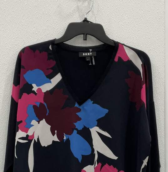Womens Blue Pink Floral V-Neck Long Sleeve Pullover Blouse Top Size Medium image number 3