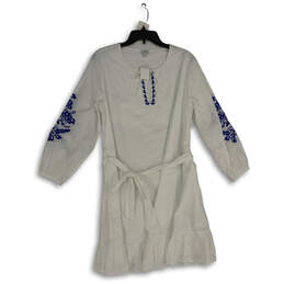 NWT Womens White Blue Floral Pleated Long Sleeve Shift Dress Size Small