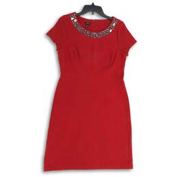 Womens Red Rhinestone Short Sleeve Round Neck Back Zip Sheath Dress Sz 12P