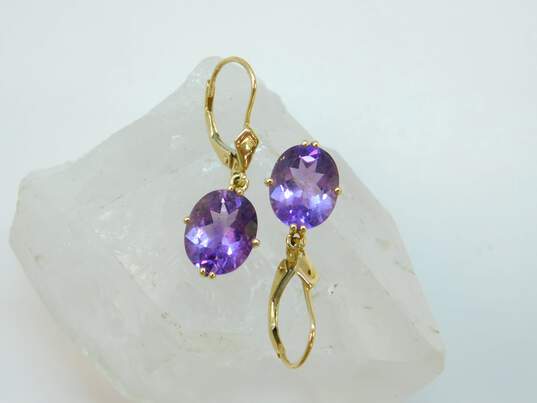 14K Yellow Gold Oval Amethyst Drop Earrings 3.8g image number 3