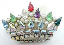 Vintage B David Colorful Icy Rhinestone & Faux Pearl Crown Brooch 9.9g