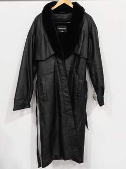 NWT Mens Black Leather Shawl Collar Long Sleeve Tie Belt Trench Coat Size L