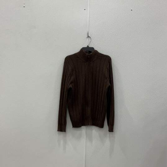 Mens Brown Long Sleeve Mock Neck Zip Up Pullover Sweater Size Medium image number 1