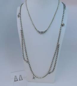Vintage Silvertone Icy Rhinestones Layering Necklaces & Drop Post Earrings 64.5g