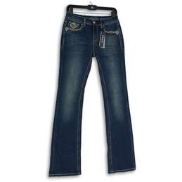 NWT Womens Blue Embroidered Denim 5-Pocket Design Bootcut Leg Jeans Size 26
