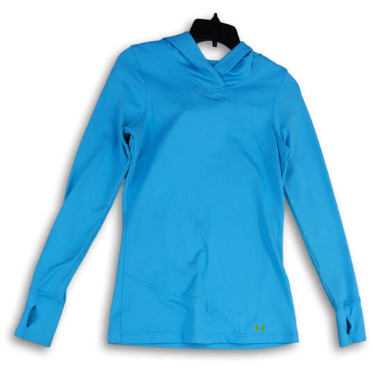 Womens Blue Thumbholes Long Sleeve Hooded Pullover Activewear Top Size S image number 1
