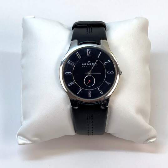 Designer Skagen Silver-Tone Leather Strap Water Resistant Analog Wristwatch image number 1