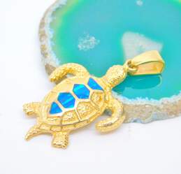 14K Yellow Gold Blue Opal Inlay Sea Turtle Pendant 6.9g