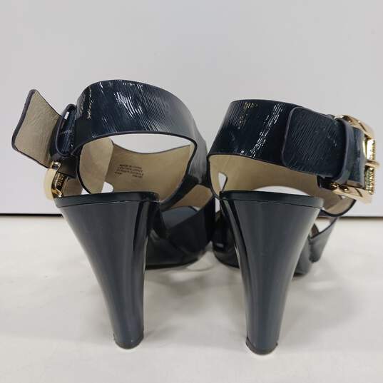 Womens Dark Blue Patent Leather Buckle Open Toe Cone Strappy Heels Size 8.5 M image number 4