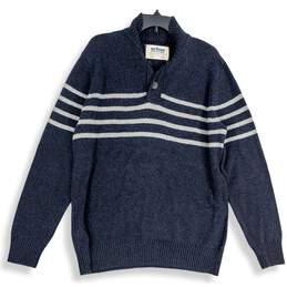 Mens Blue Striped Button Long Sleeve Mock Neck Pullover Sweater Size Large