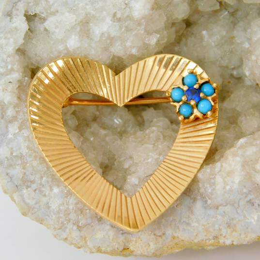 14K Gold Sapphire & Turquoise Cabochons Flower Etched Open Heart Brooch 2.7g image number 1